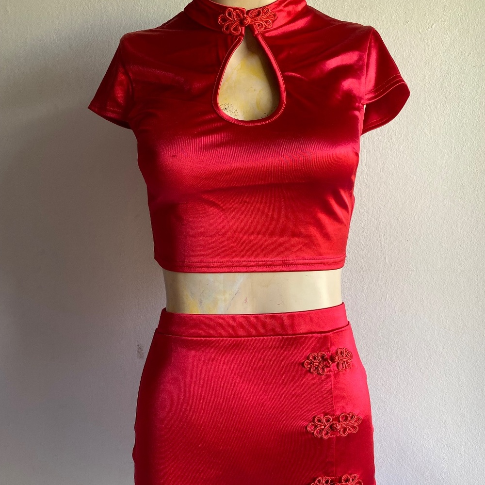 Fashion Nova Red Satin Mini Skirt Set